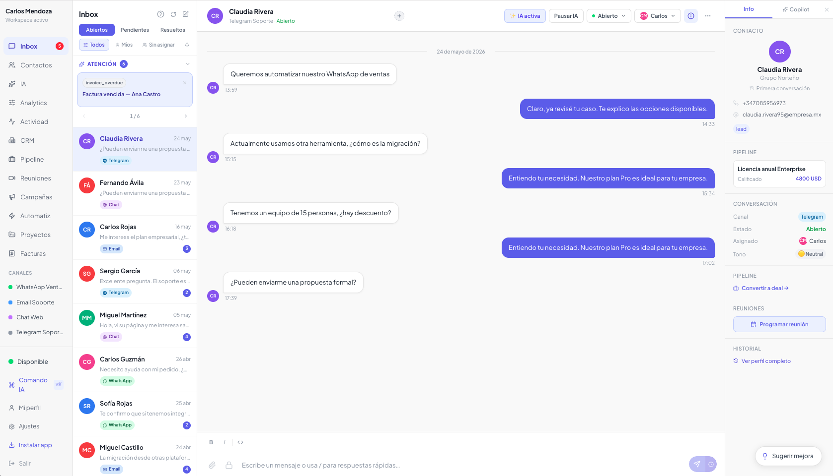 Inbox — vista de conversación